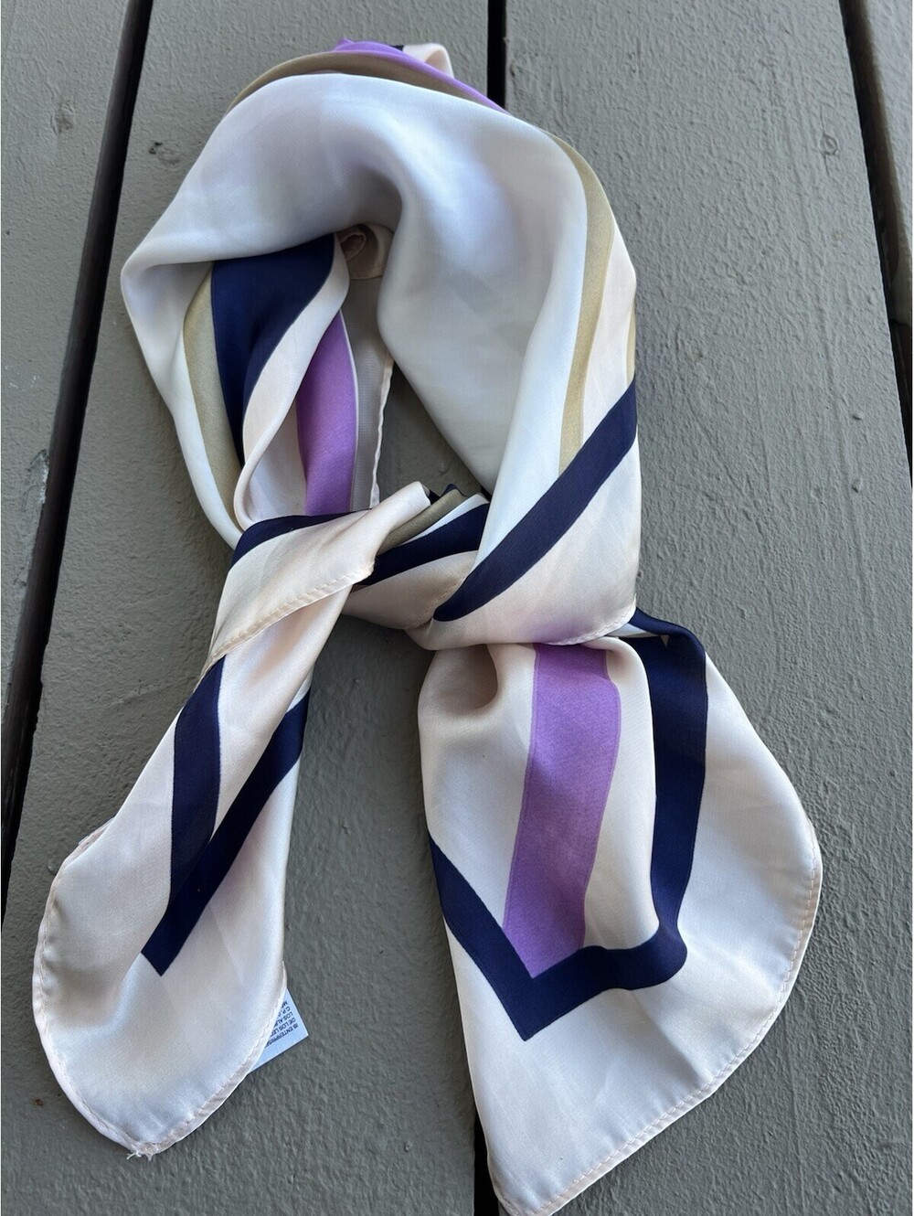 Chico's Women Scarf Striped Beige Blue Purple Neckerchief Square 26X27”.